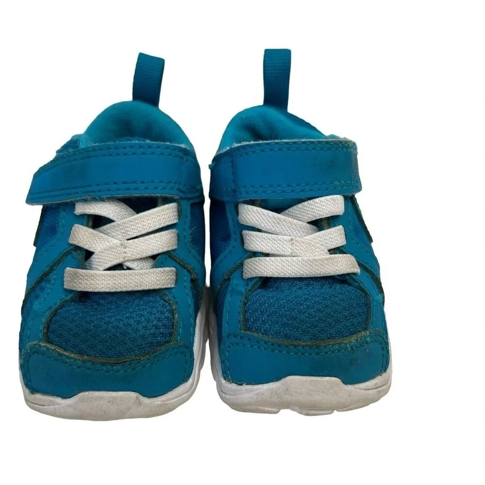 Nike Infant Size 3C Fusion Run 525595 401 Turquoise Blue Leather‎ Mesh Hook Loop